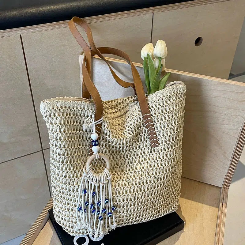 Tassel Charm Handwoven Tote Bag