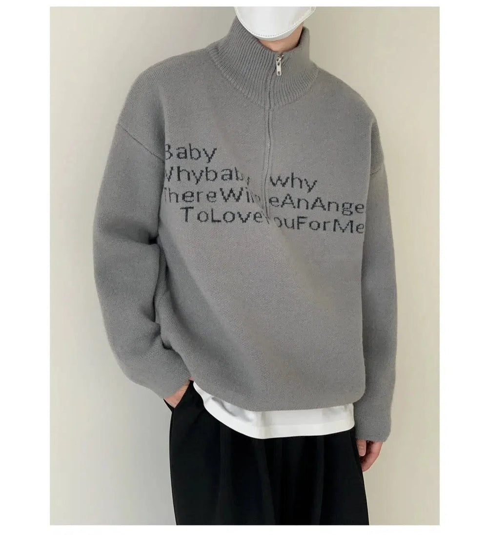 Text Print Stand Collar Sweater