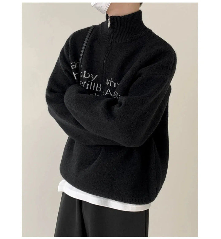 Text Print Stand Collar Sweater