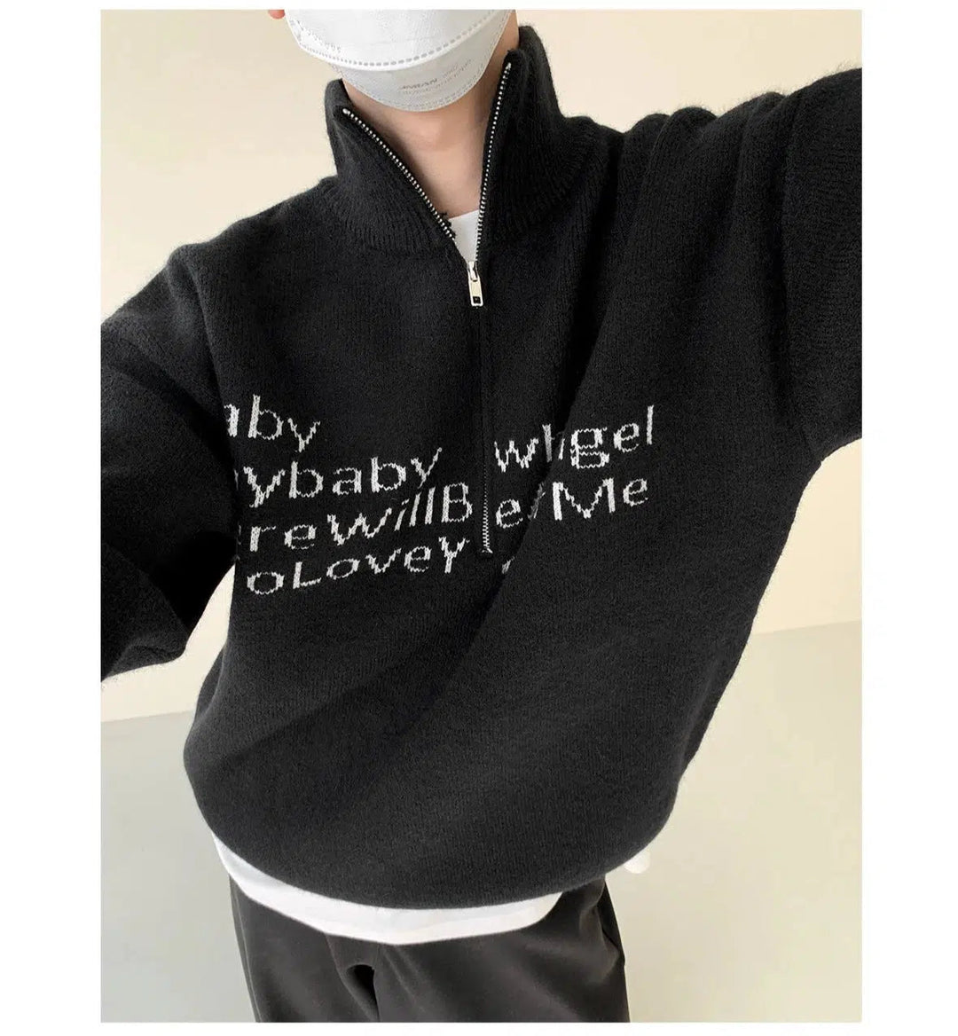 Text Print Stand Collar Sweater