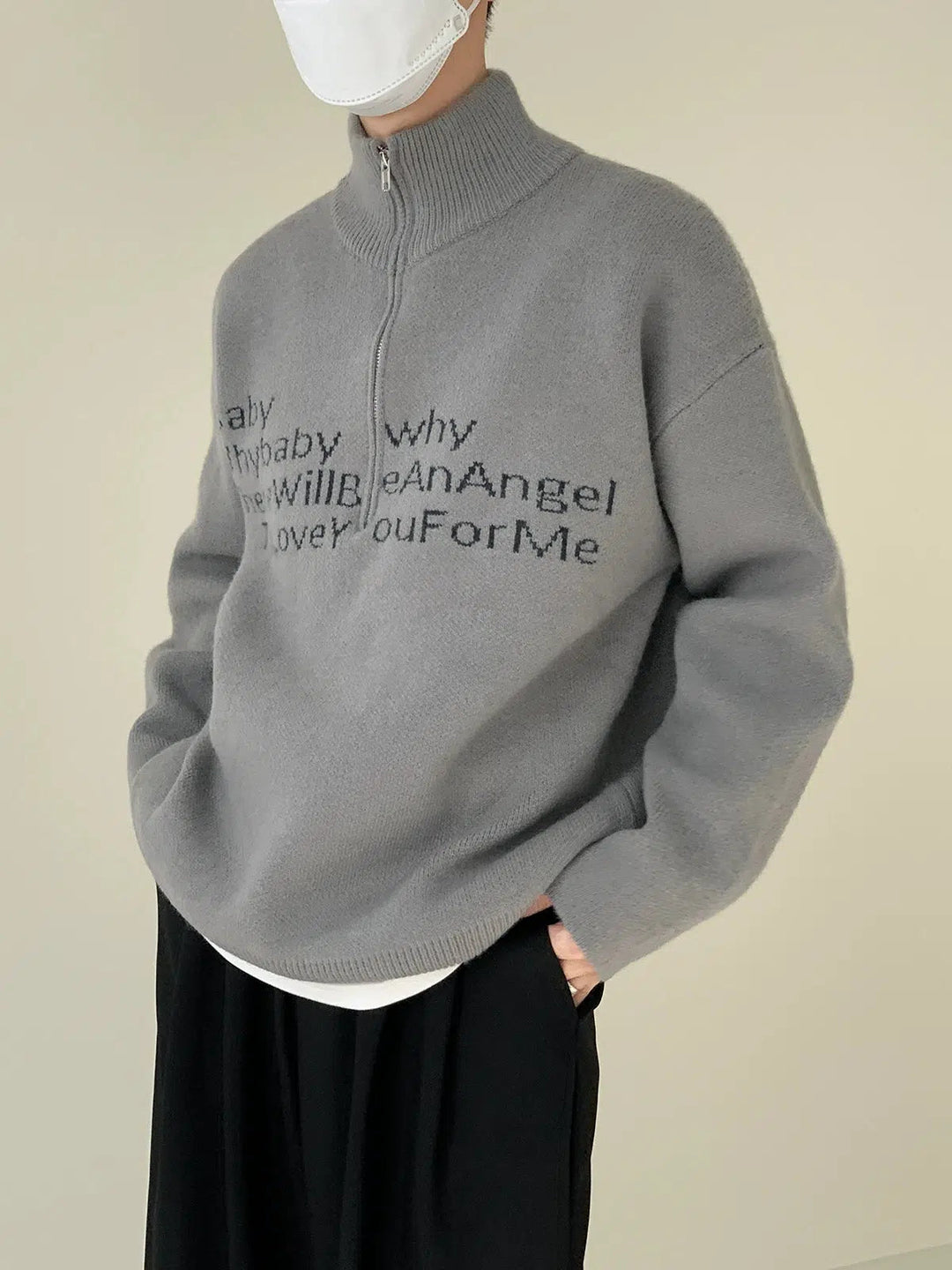 Text Print Stand Collar Sweater