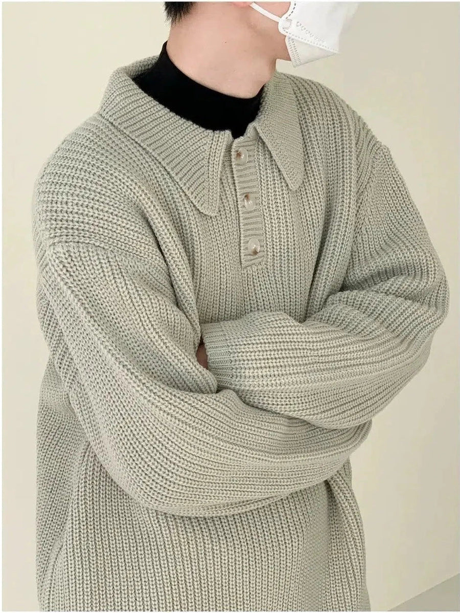 Thick Knitted Textile Polo Collar Sweater