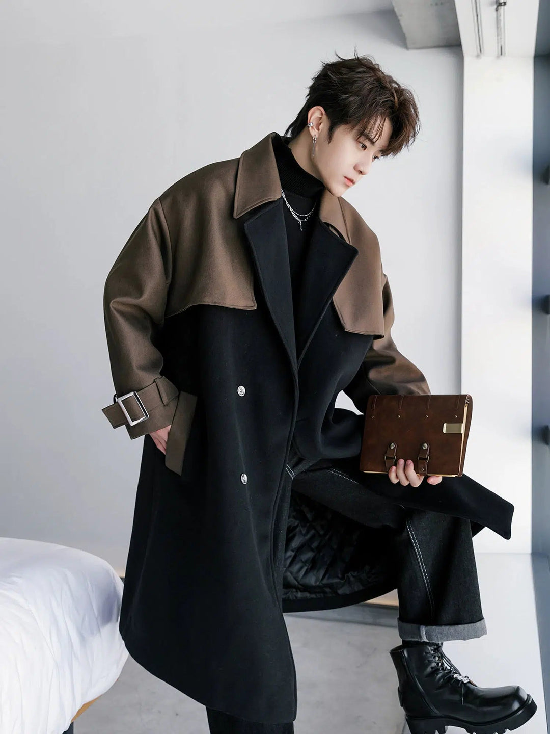 Two-Tone Double-Breasted Wool Coat