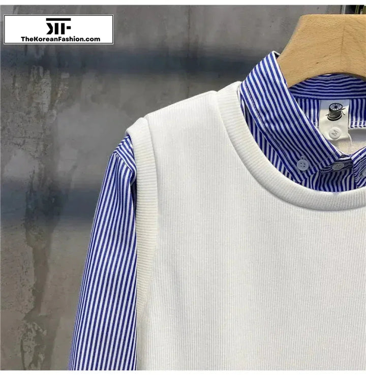 Two-piece Knitted Striped Collar Patchwork Shirt