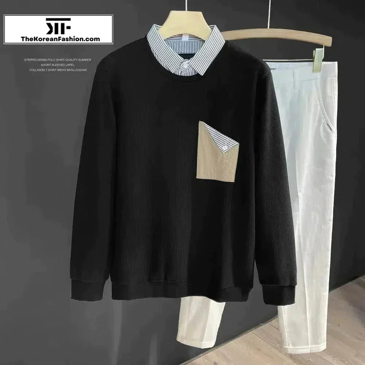 Two-piece Textured Pit Strip Collar Sweatshirt