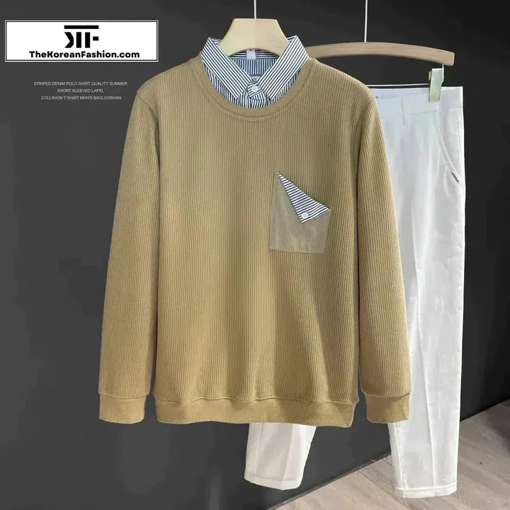 Two-piece Textured Pit Strip Collar Sweatshirt