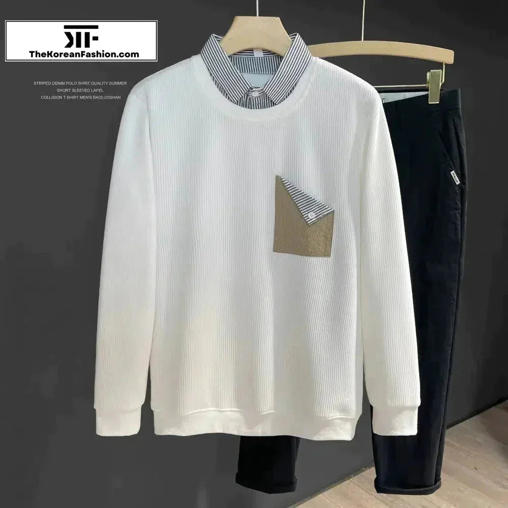 Two-piece Textured Pit Strip Collar Sweatshirt