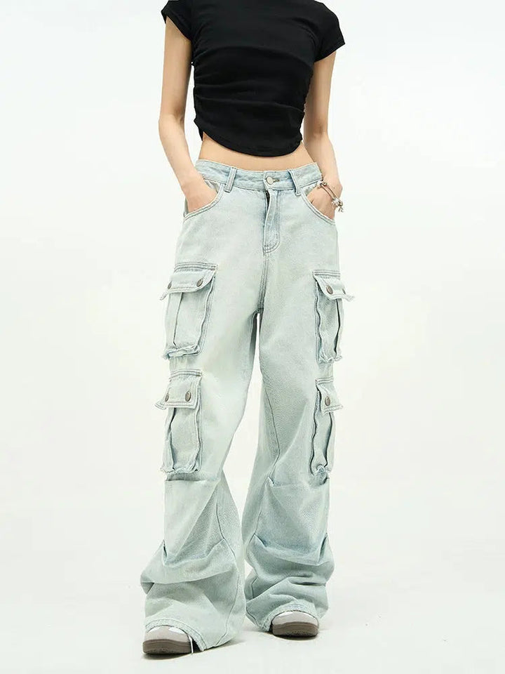 Unisex Wide-leg Multi-pocket Jeans