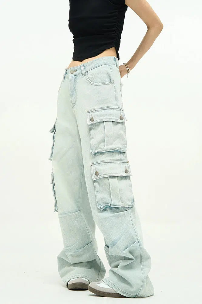 Unisex Wide-leg Multi-pocket Jeans