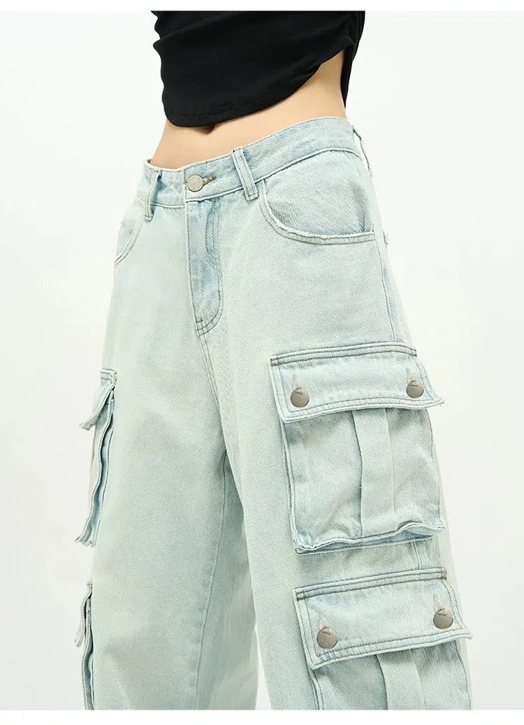 Unisex Wide-leg Multi-pocket Jeans