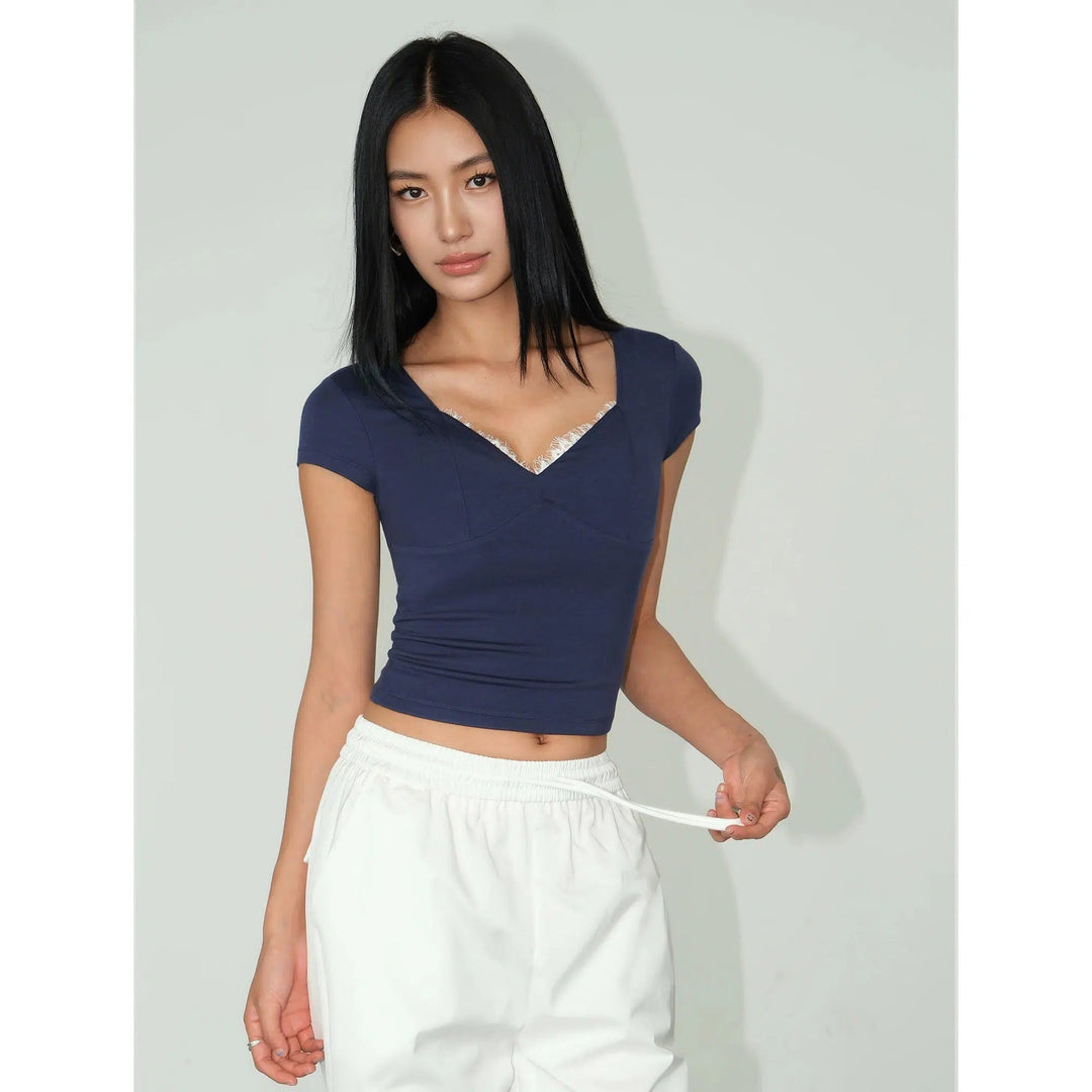 V-Neck Short Sleeve Crop Top