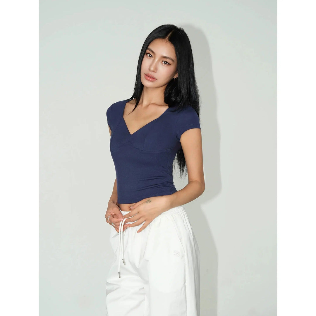 V-Neck Short Sleeve Crop Top