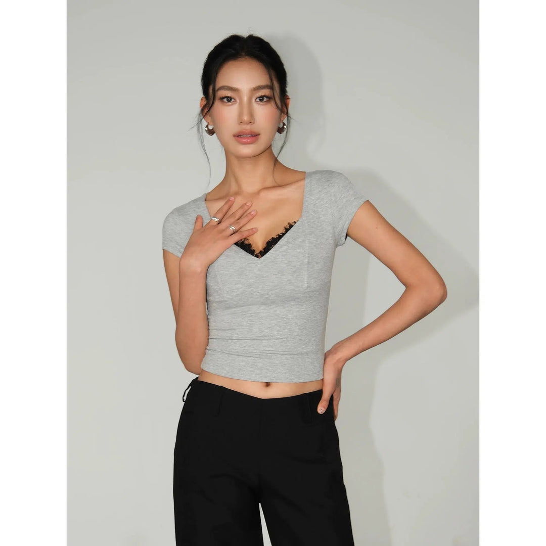 V-Neck Short Sleeve Crop Top