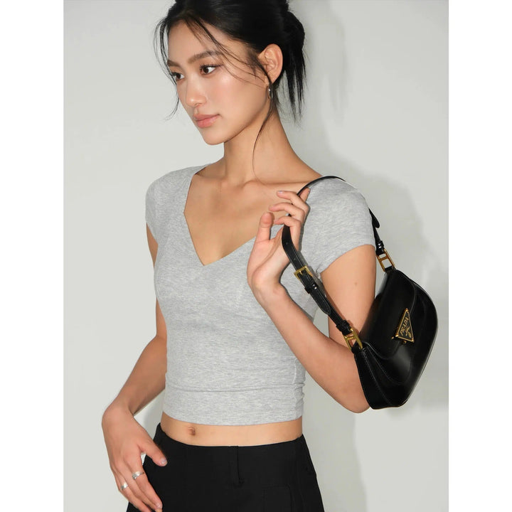 V-Neck Short Sleeve Crop Top