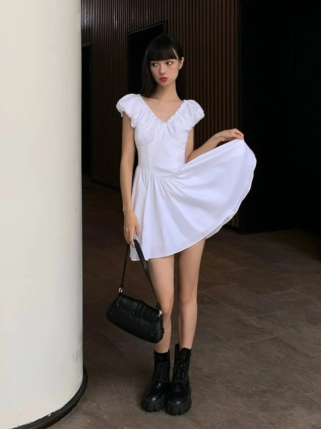 V-neck Puff Sleeves Dress