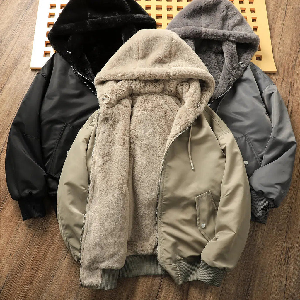 Velvet Fleece Hooded Bomber Jacket