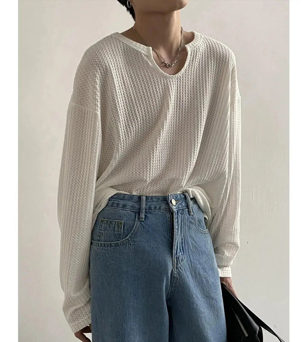 Waffle Knit Long Sleeve Pullover