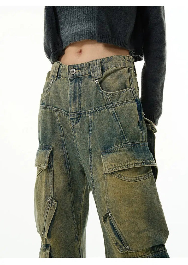 Washed Multi-pocket Cargo Jeans