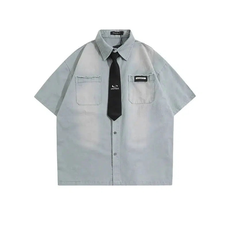 Washed Short-sleeved Shirt with Tie