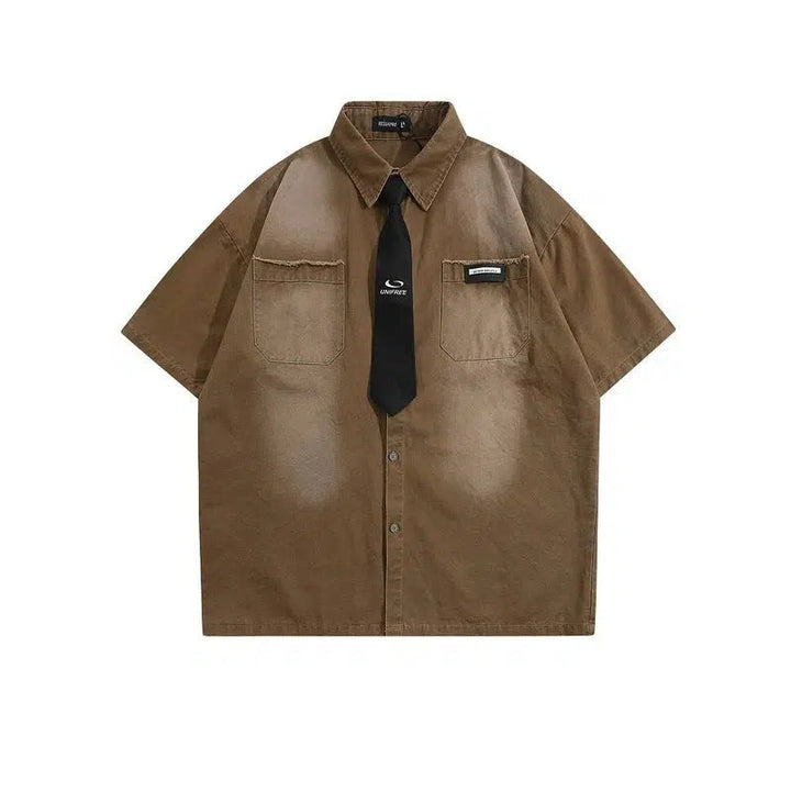 Washed Short-sleeved Shirt with Tie