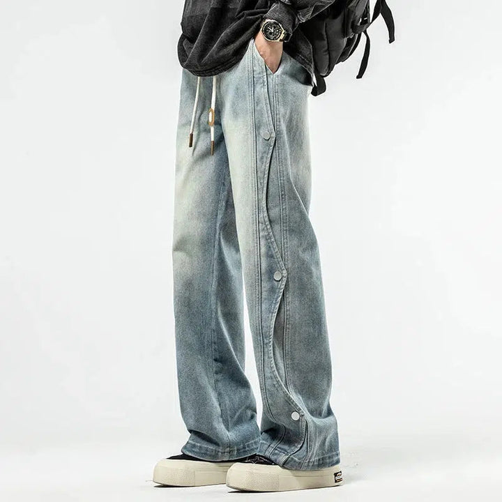 Washed Side-button Drawstring Jeans