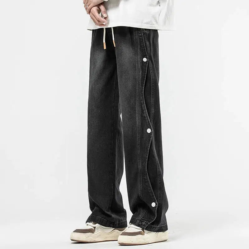 Washed Side-button Drawstring Jeans