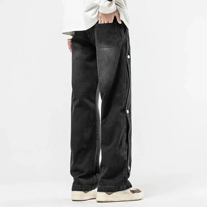 Washed Side-button Drawstring Jeans