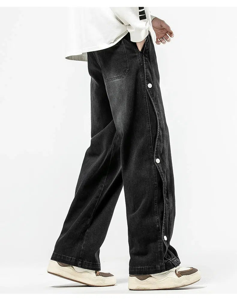 Washed Side-button Drawstring Jeans