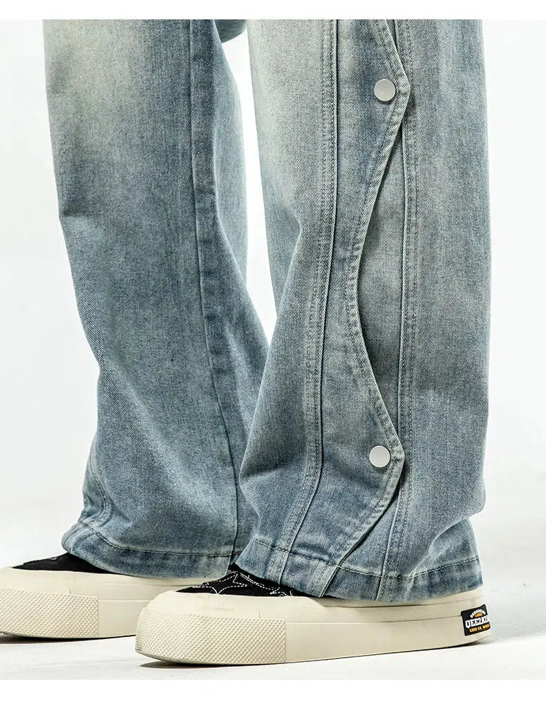 Washed Side-button Drawstring Jeans