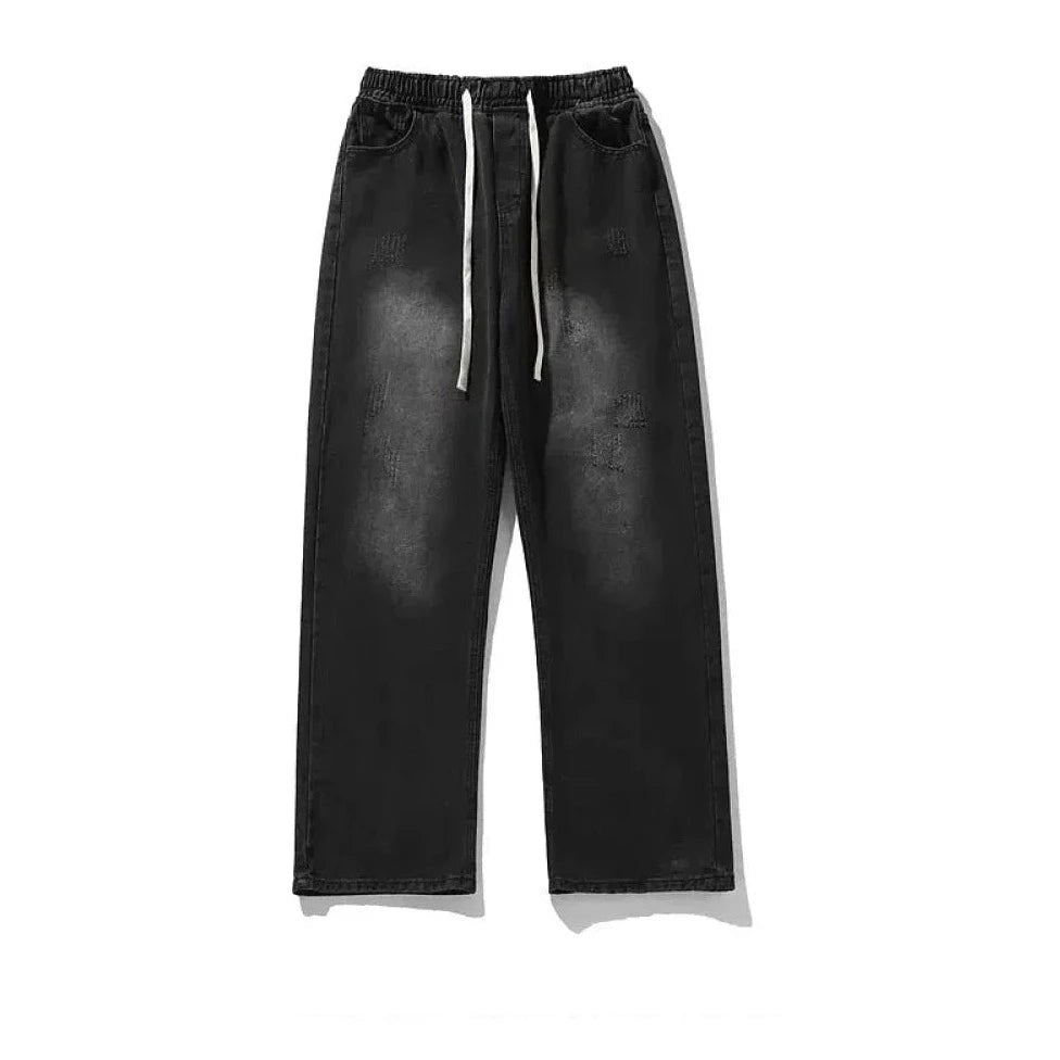 Washed Straight Elastic Waist Jeans