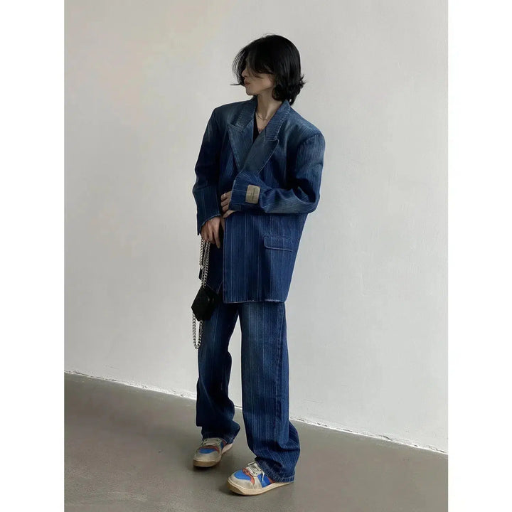 Washed Striped Loose Denim Suit