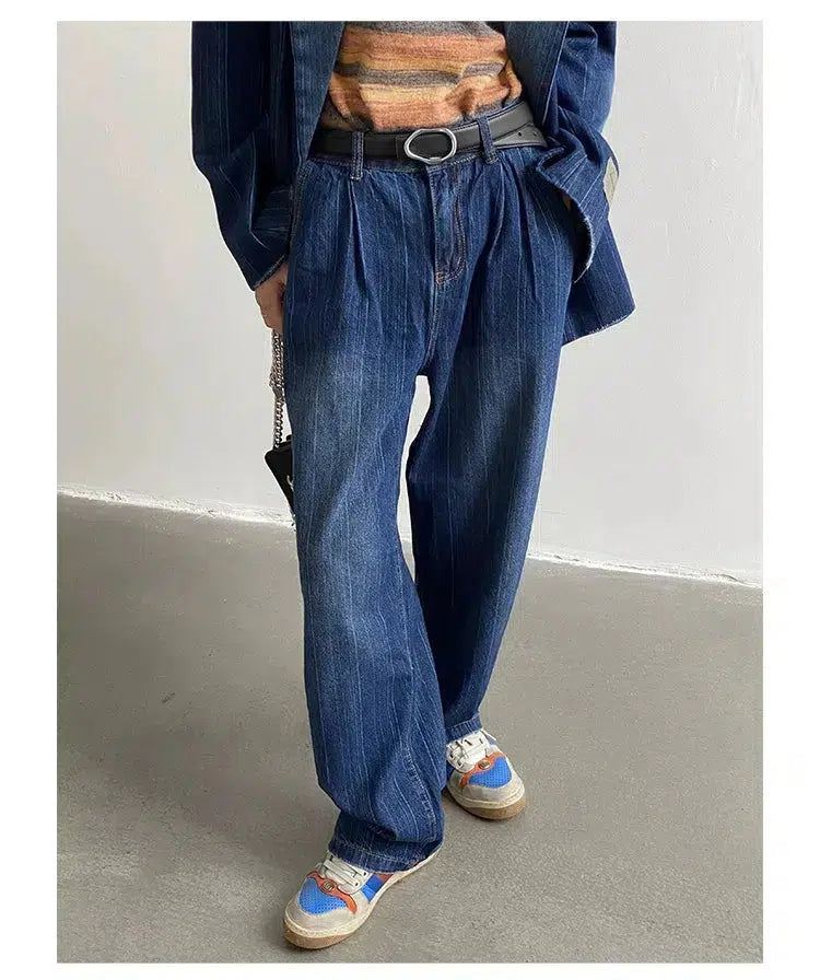 Washed Striped Loose Denim Suit