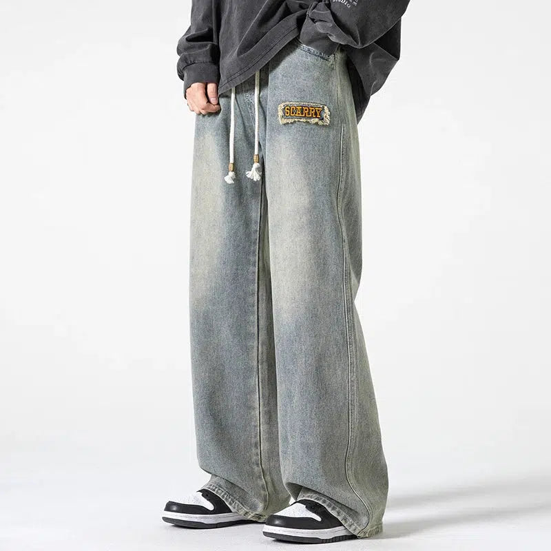 Washed Wide Leg Drawstring Jeans