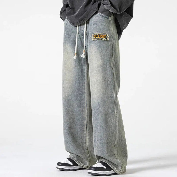 Washed Wide Leg Drawstring Jeans