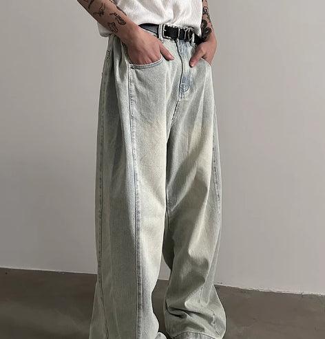 Washed Wide-Leg Metal Button Jeans