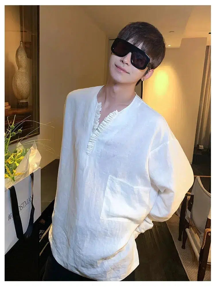 White V-Neck Long Sleeve Shirt