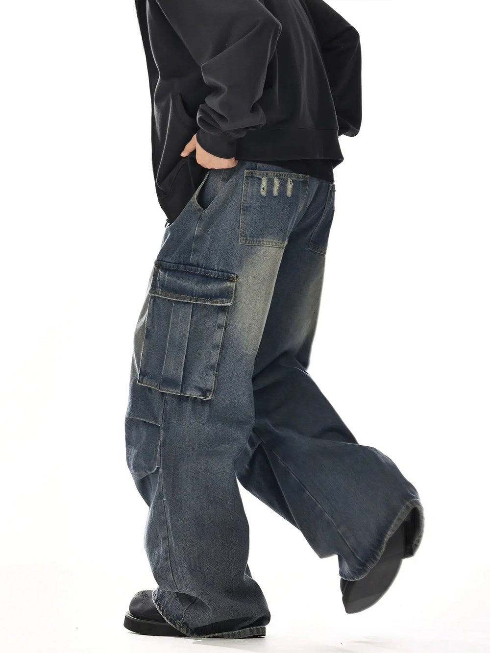 Multi-pocket Pleated Denim Pants