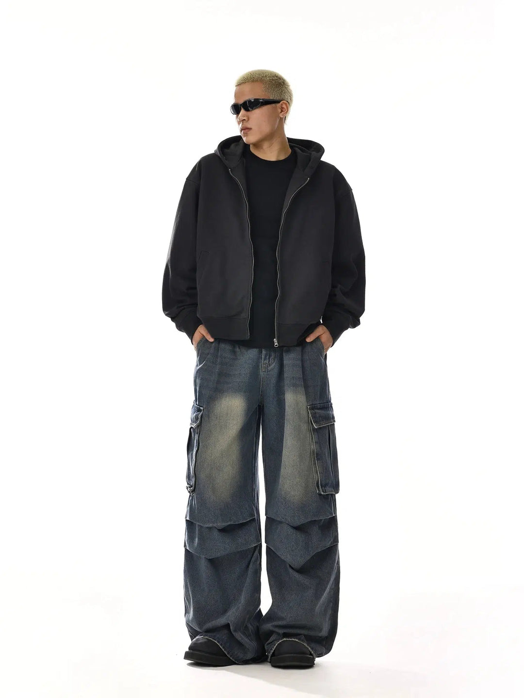 Multi-pocket Pleated Denim Pants