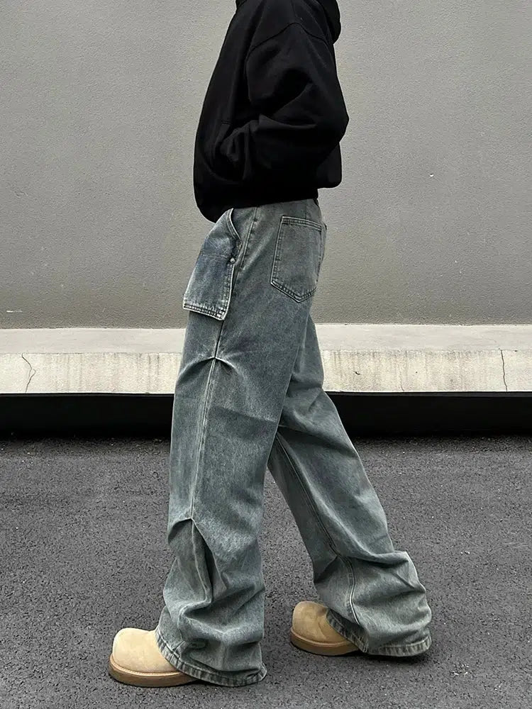 Washed Wide-Leg Denim Cargo Pants