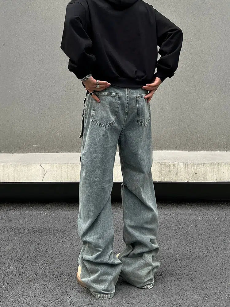 Washed Wide-Leg Denim Cargo Pants