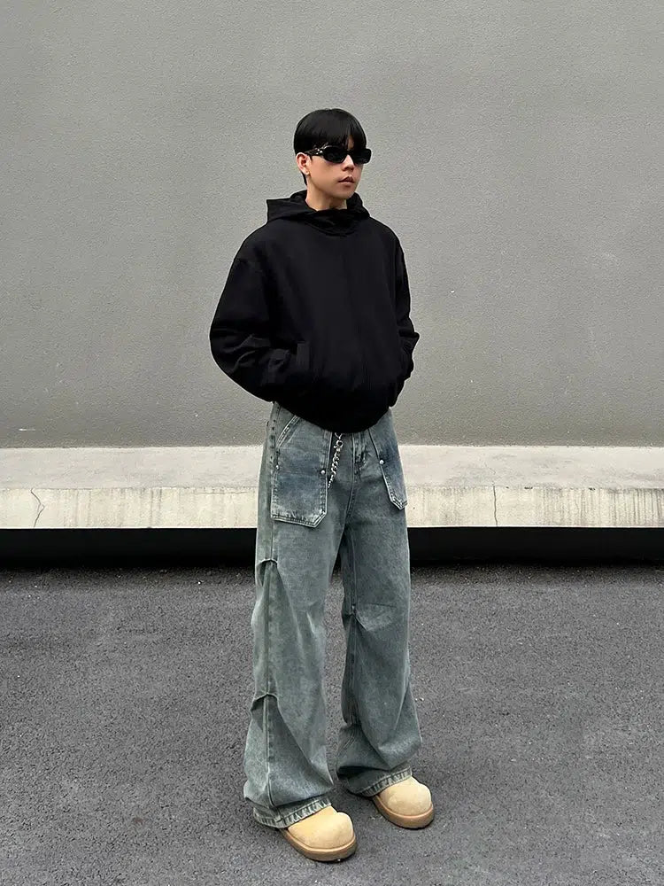 Washed Wide-Leg Denim Cargo Pants