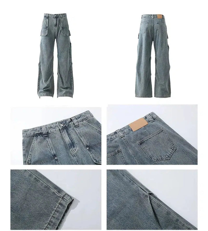 Washed Wide-Leg Denim Cargo Pants