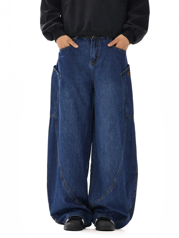 Wide-Leg Denim Pants with Cargo Pockets