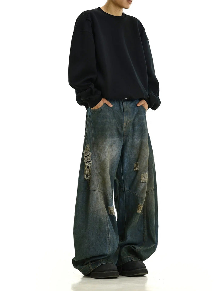 Wide-Leg Distressed Denim Pants