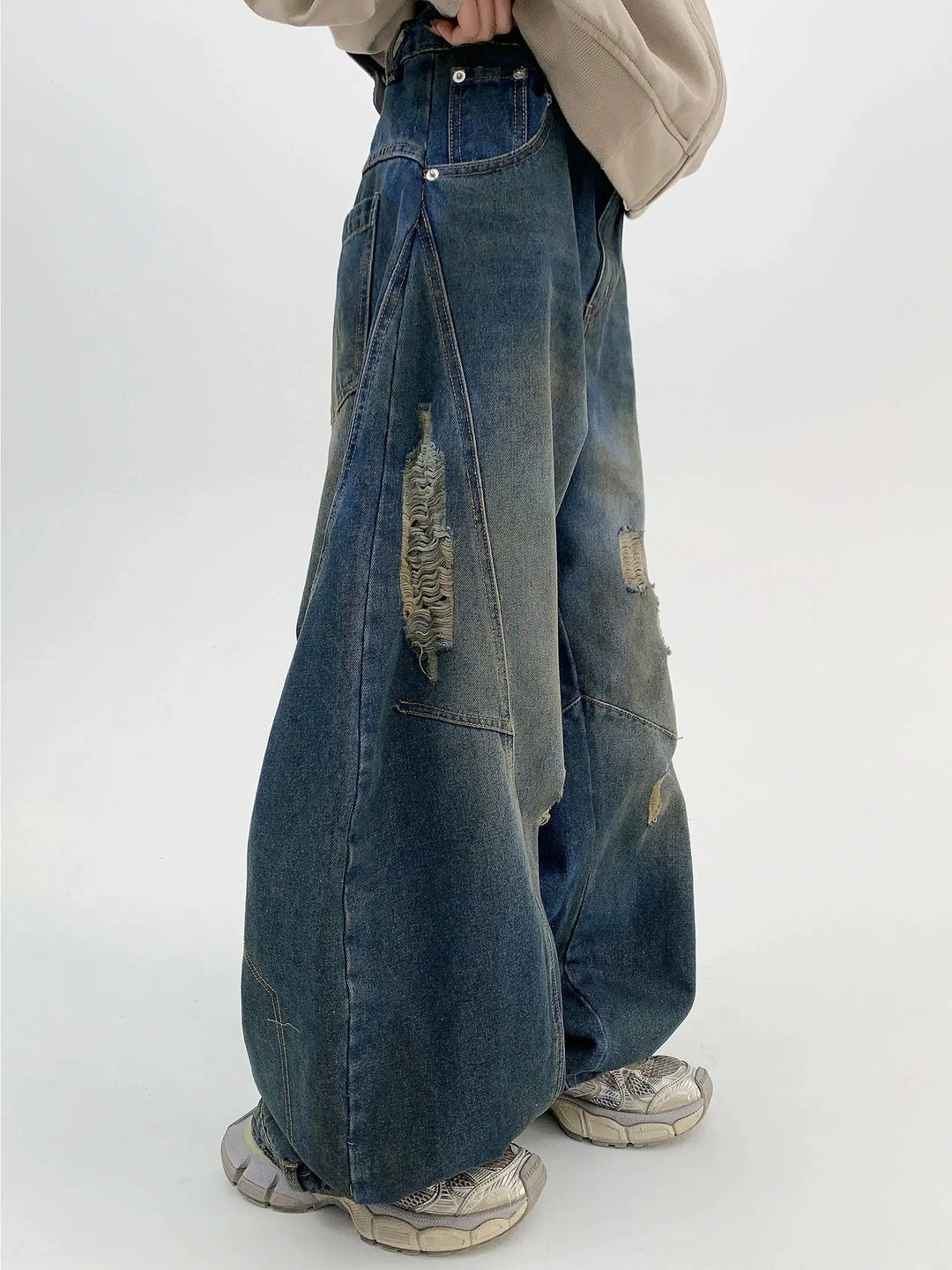 Wide-Leg Distressed Denim Pants