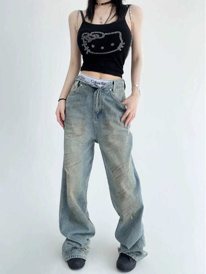 Wide Leg Distressed Denim Pants