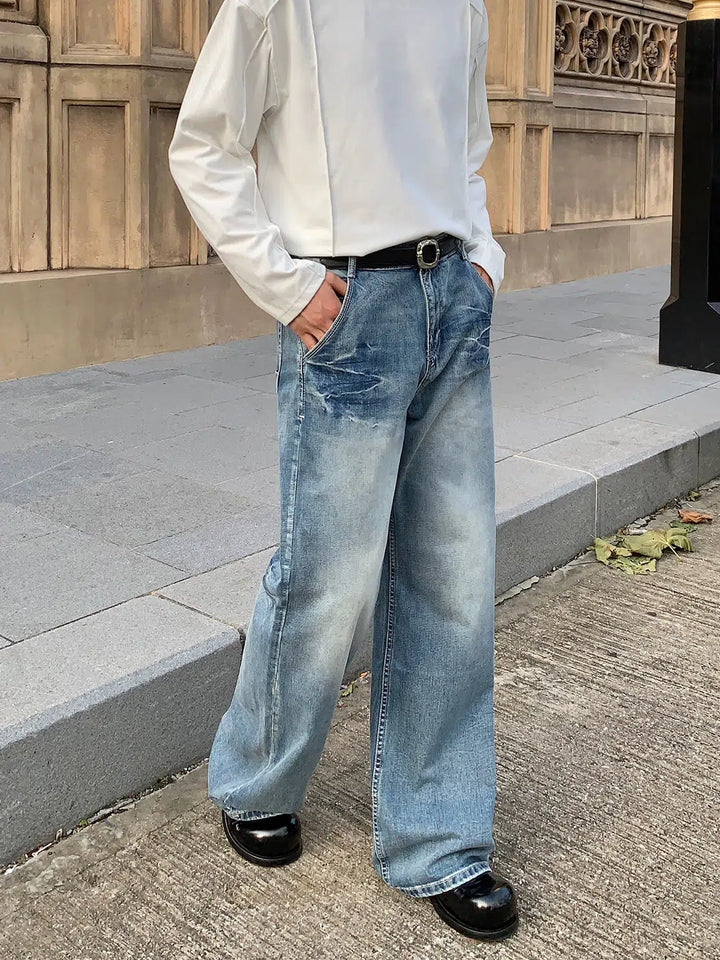 Wide-Leg Distressed Denim Pants