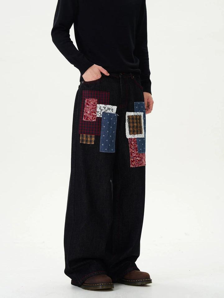 Wide-Leg Patchwork Denim Pants