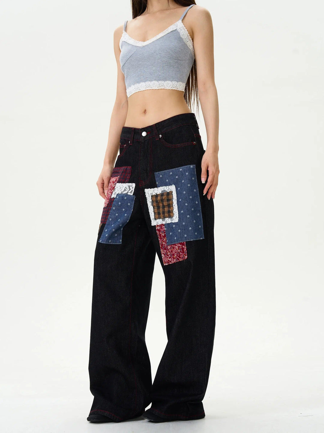 Wide-Leg Patchwork Denim Pants