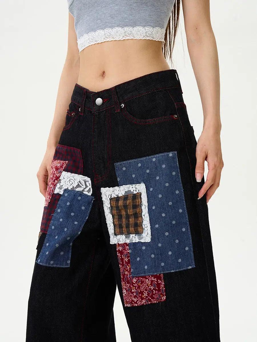 Wide-Leg Patchwork Denim Pants